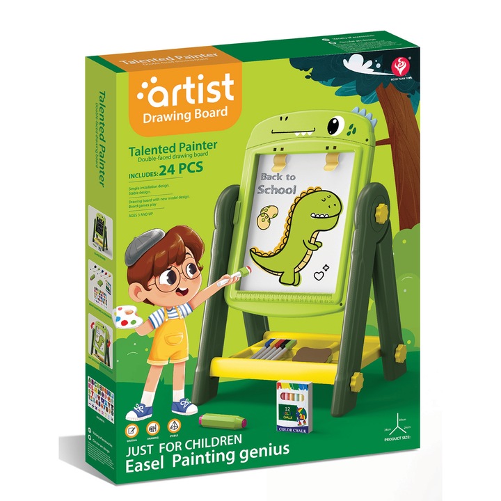 Set tabla multifunctionala Mappy Dinosaur, cu doua fete, rabatabila, cu accesorii si spatiu depozitare