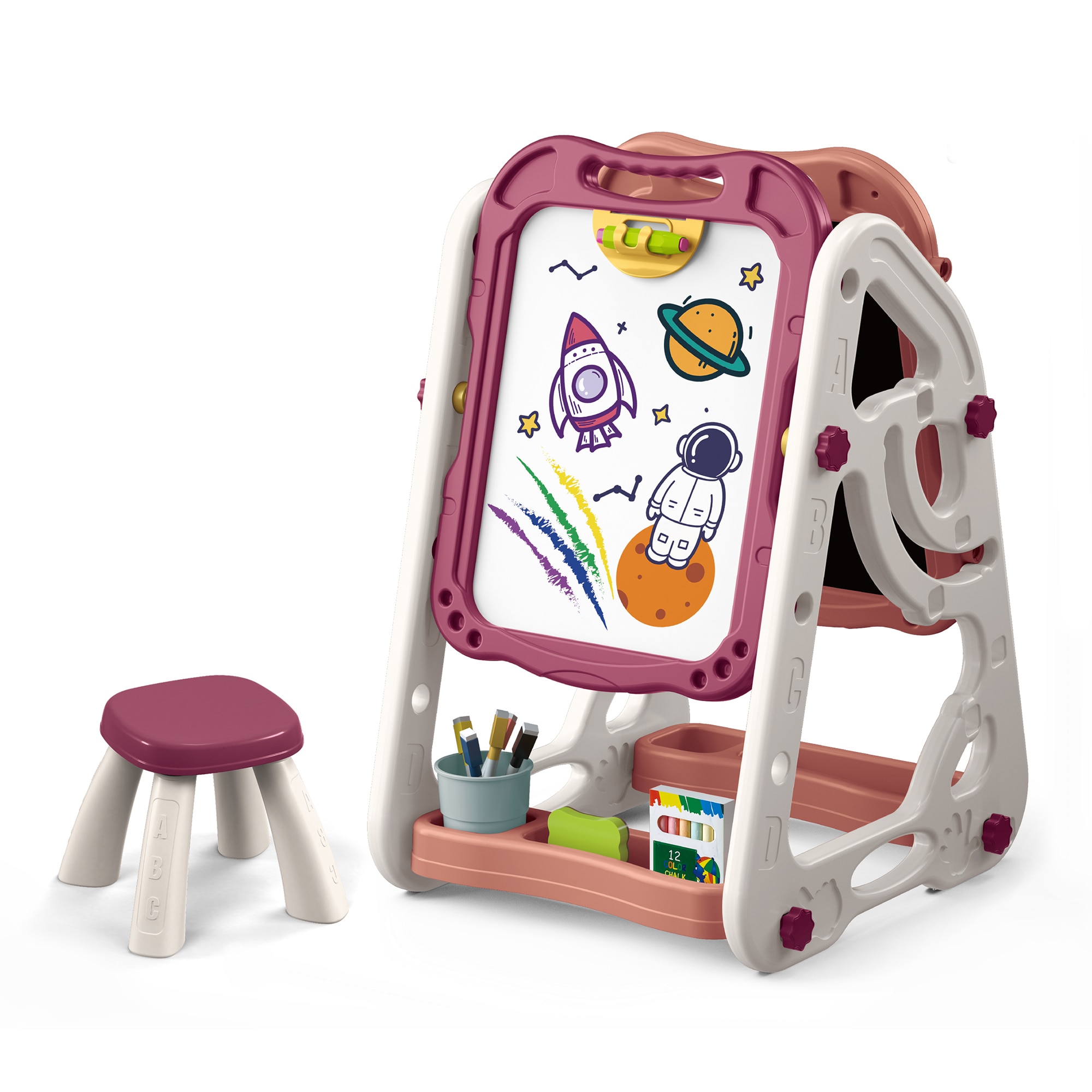 Tabla multifunctionala Mappy Double, transformabila, cu doua fete si scaun, roz