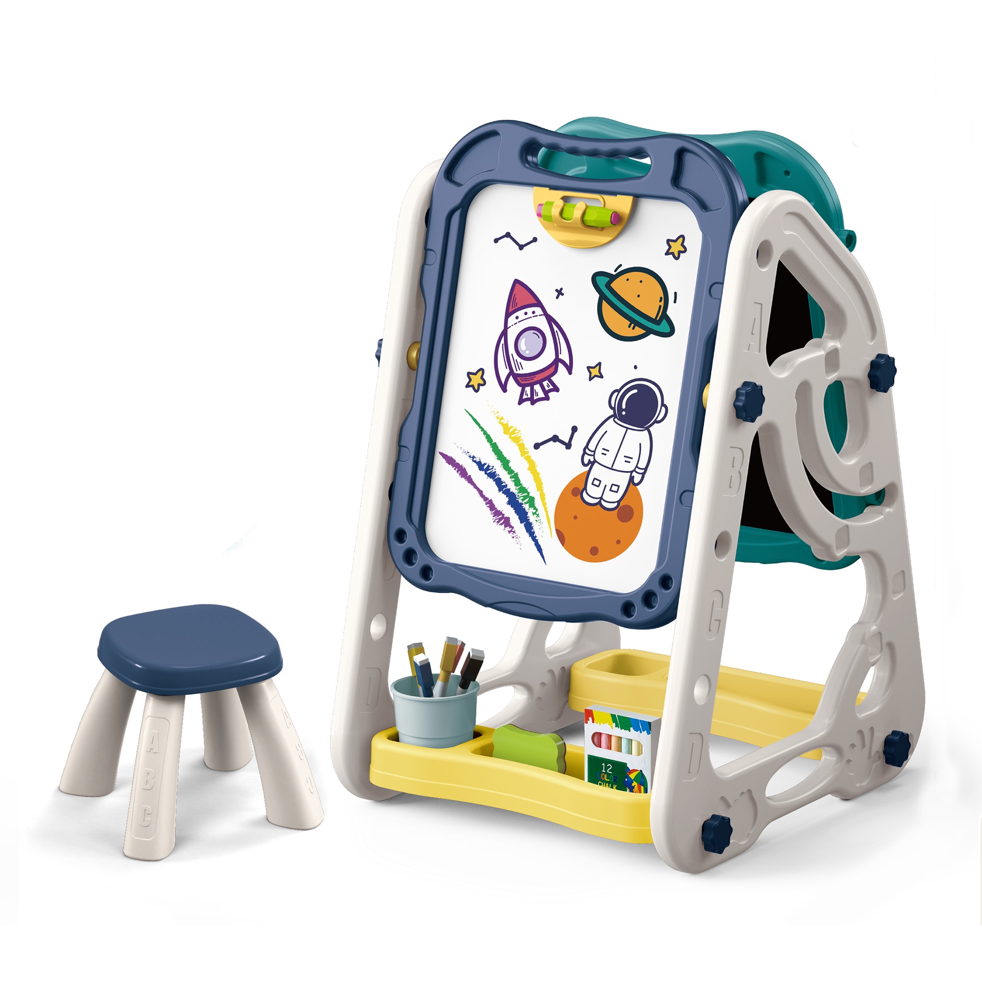 Tabla multifunctionala Mappy Double, transformabila, cu doua fete si scaun, albastru