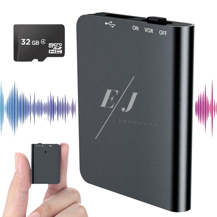 Mini reportofon spion, EJ Products, Q61, 32GB, autonomie 24 ore, stocare 768 ore, raza actiune 60m, MP3, reducere a zgomotului de fundal, compact, portabil, negru