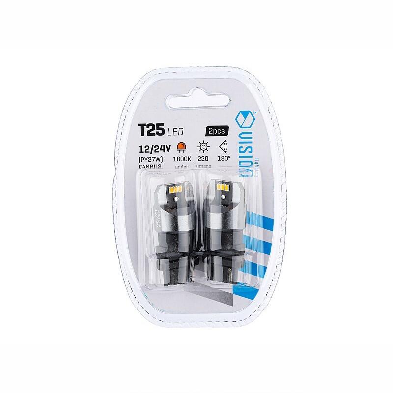 Py27w Set 2 becuri semnalizare galben T25, 6 LED-uri SMD 3020, 12-24V, PY27W ...