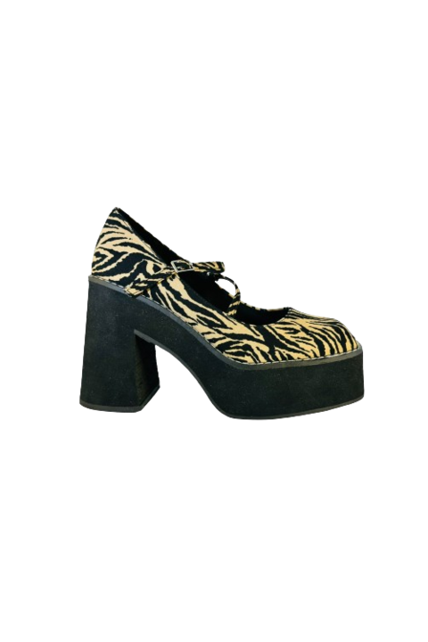 Pantofi Mary Jane Asos Design, pentru femei, Maro cu Print Zebra, din Piele Ecologica, cu Platforma Demiwedges, 37 EU