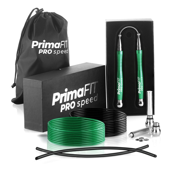 Gyors Ugrálókötél 2 Csapággyal PrimaFIT PRO Speed, Profi, 1 Extra Kötél + Súlyok, 3m Állítható Ugrókötél, 2 Kötélvédő, Alumínium Fogantyúk, Hordtáska, Crossfit, Zöld