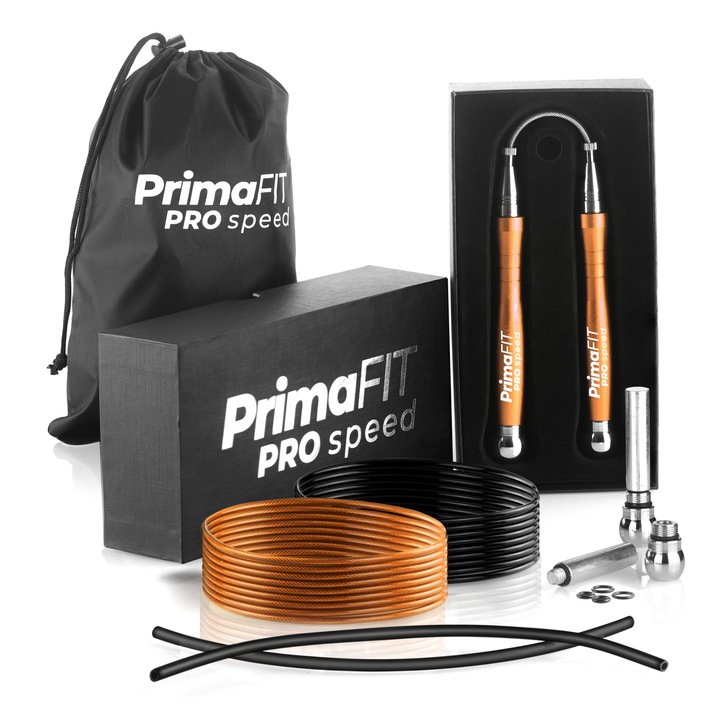 Gyors Ugrálókötél 2 Csapággyal PrimaFIT PRO Speed, Profi, 1 Extra Kötél + Súlyok, 3m Állítható Ugrókötél, 2 Kötélvédő, Alumínium Fogantyúk, Hordtáska, Crossfit, Narancsszín