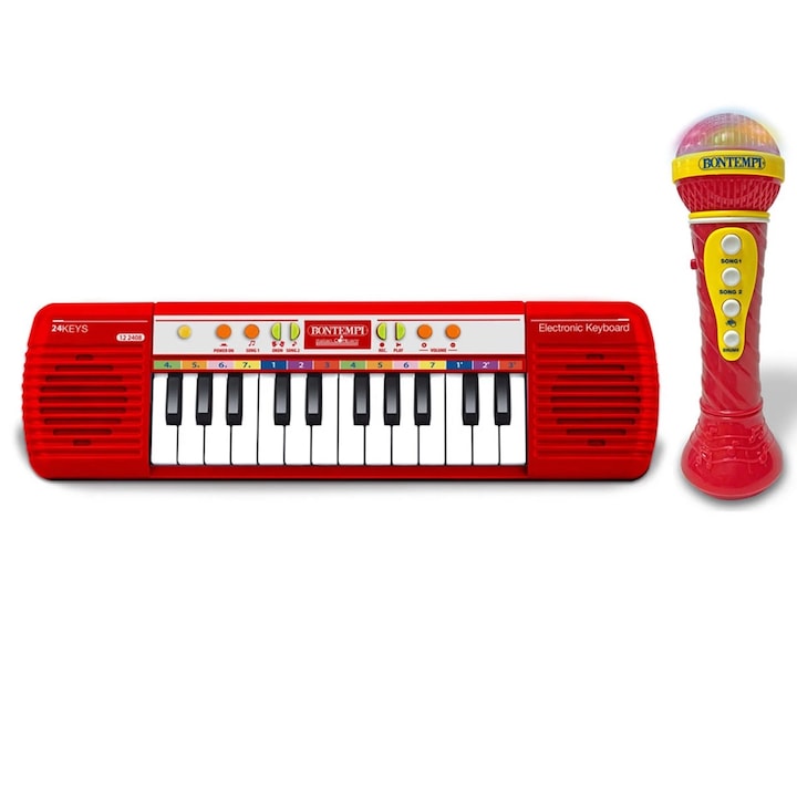 Bontempi gyerek mini karaoke szintetizátor, mikrofonnal, 24 gombbal, 41,8 x 19,5 x 6 cm, piros