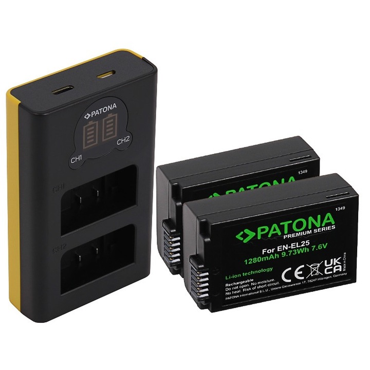 Pachet Incarcator Patona Dual LCD USB, 2x Acumulatori Patona Premium Nikon EN-EL25 si Microfibra Smardy