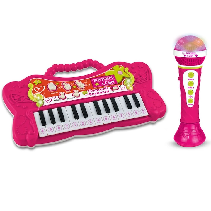Bontempi gyerek mini karaoke szintetizátor, Mikrofonnal, 24 gombos, 41,8 x 19,5 x 6 cm, Rózsaszín