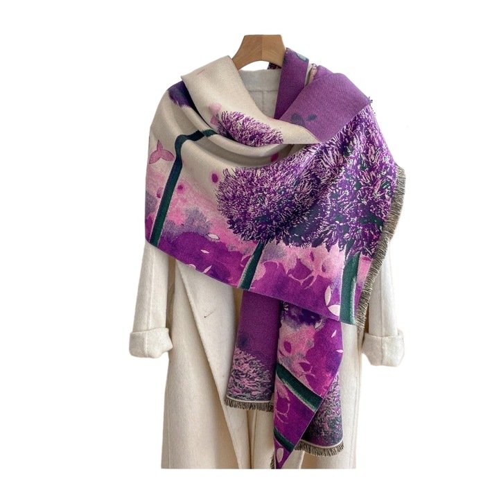 Esarfa lunga tip sal pentru dama din materiale premium, model flori mov, culoarea mov si bej, The Casius.®