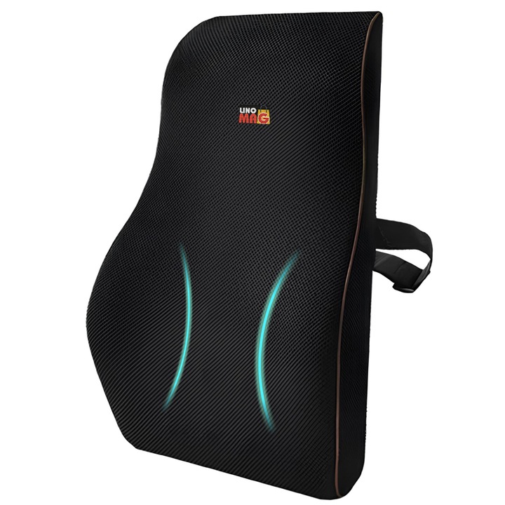 Perna lombara completa pentru scaun de birou sau masina, Linomag®, Spuma cu memorie, Negru, 44 x 37 x 12cm