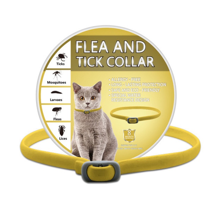 Zgarda antiparazitara pentru pisici, Ajustabila, Rezistenta la apa, Protectie 8 luni, 48cm, Galben