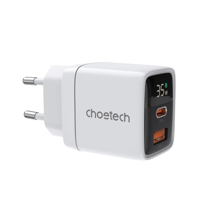 Incarcator de retea Choetech USB-C USB-A PD 35W cu afisaj, alb, HRT-155744