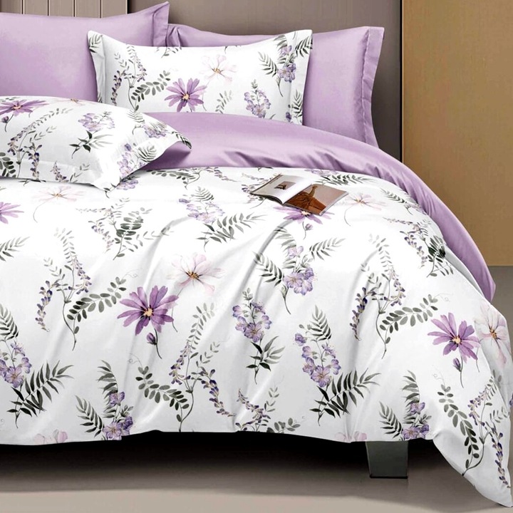 Двойно спално бельо Finet Cotton Elegance 6 части чаршаф с еластичен матрак 160x200 см или 180x200 см, чаршаф 200x230 см, 2 калъфки 70x70 см, 2 калъфки 50x70 см, Purple Flowers, Ralex Pucioasa