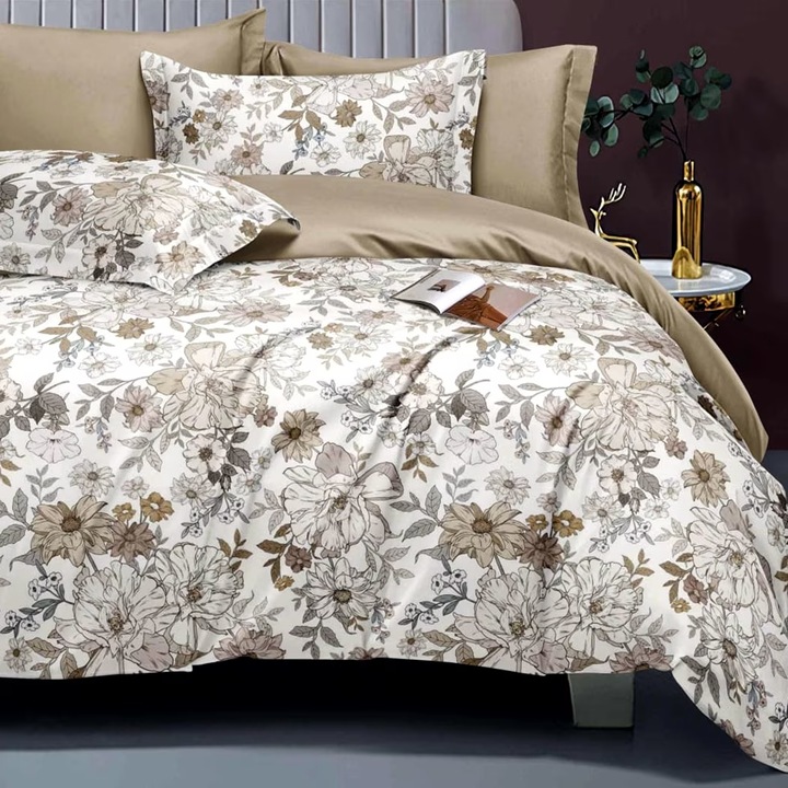 Lenjerie pat dublu Finet Bumbac Elegance 6 piese cearsaf cu elastic saltea 160x200 cm sau 180x200 cm, cearsaf pilota 200x230 cm, 2 fete perna 70x70 cm, 2 fete perna 50x70 cm, Imprimeu floral Bej, Ralex Pucioasa