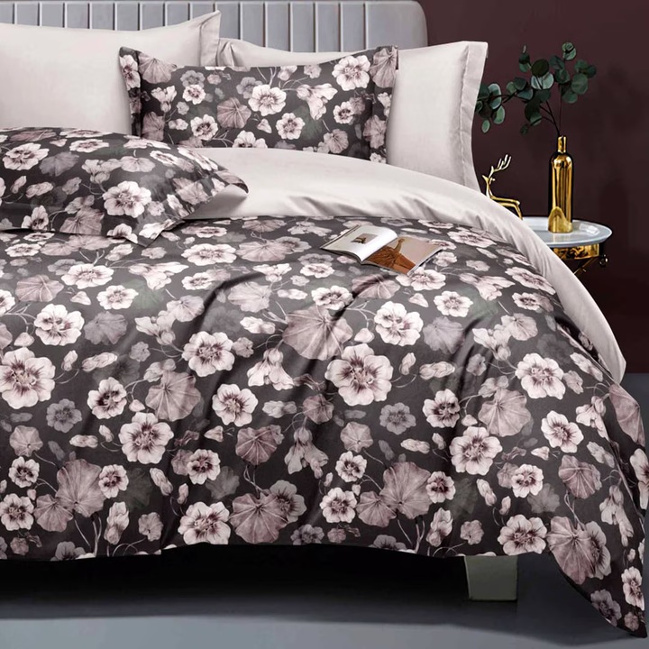 Двойно спално бельо Finet Cotton Elegance 6 части чаршаф 230x250 см, чаршаф 200x230 см, 2 калъфки 70x70 см, 2 калъфки 50x70 см, Purple Flowers, Ralex Pucioasa