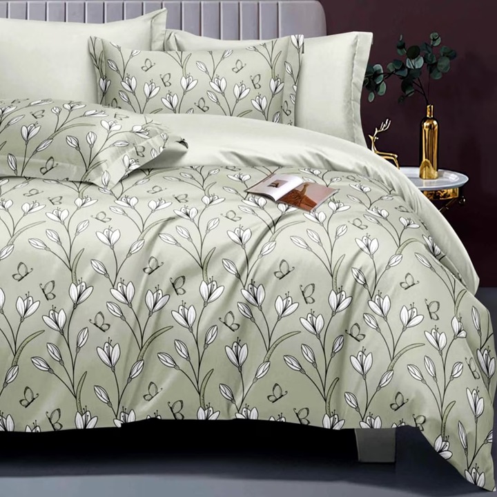 Двойно спално бельо Finet Cotton Elegance 6 части чаршаф 230x250 см, чаршаф 200x230 см, 2 калъфки 70x70 см, 2 калъфки 50x70 см, Green Flowers, Ralex Pucioasa