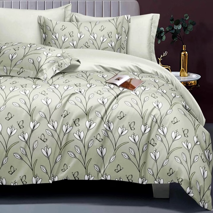 Двойно спално бельо Finet Cotton Elegance 6 части чаршаф с еластичен матрак 160x200 см или 180x200 см, чаршаф 200x230 см, 2 калъфки 70x70 см, 2 калъфки 50x70 см, Green Flowers, Ralex Pucioasa