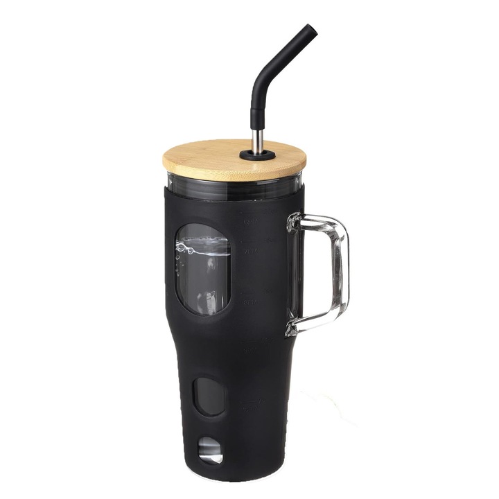 Сламена чаша, WALALLA, Капак, Стъкло, Черна, 950мл