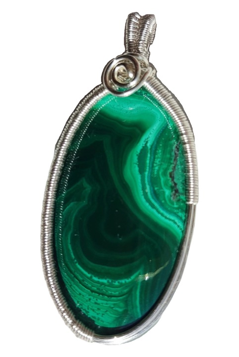 Pandantiv unicat cu Malachit natural, fir metalic argintiu, Verde, 5 cm