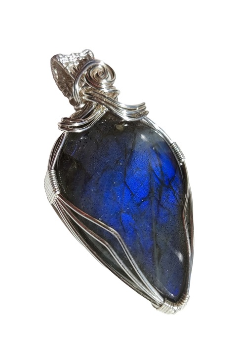 Pandantiv unicat cu Labradorit, fir metalic argintiu, Gri-Albastru, 6 cm