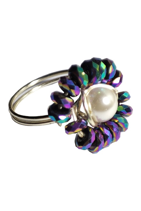 Inel cu sateliti de Hematite multicolore, fir metalic argintiu, Multicolor, 5.3 cm