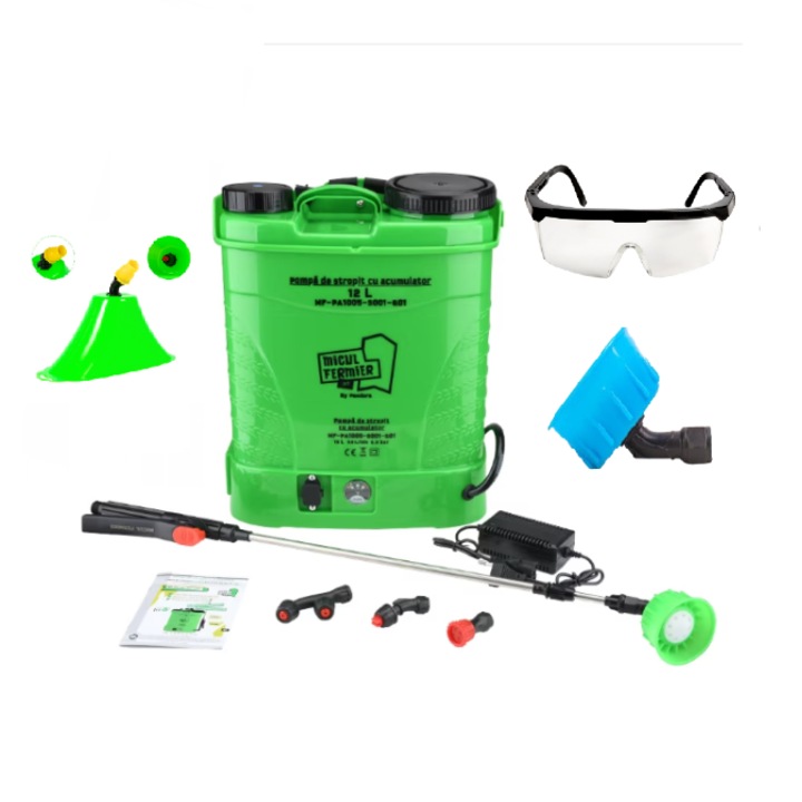 Pompa de stropit electrica, capacitate 18L, Lance, clopot, ochelari, duze, greutate 5Kg, presiune 5.5 bar, 8Ah