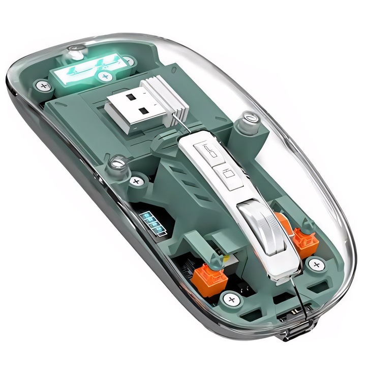 Mouse fara fir, JESWO®, 2400 DPI, RGB, Reincarcabil, Silentios, Verde/Transparent