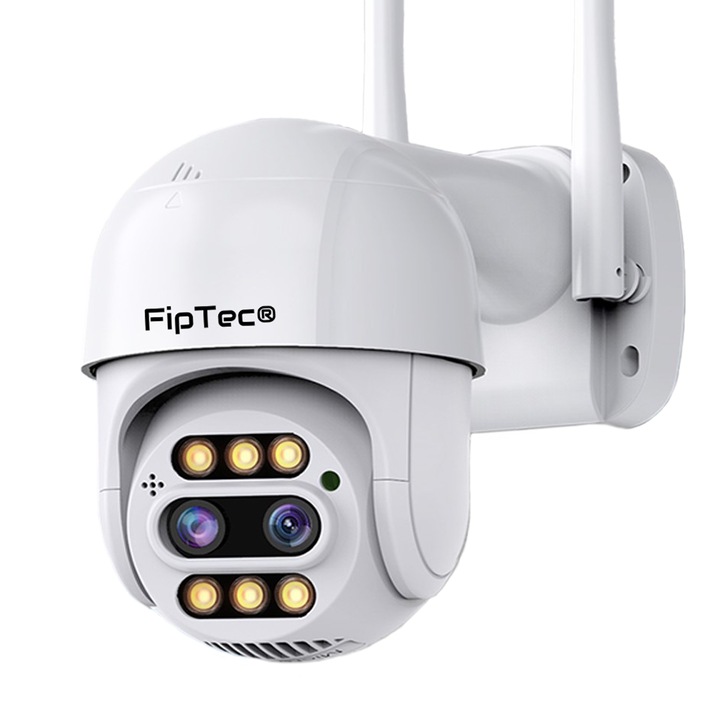 Kültéri megfigyelő kamera FipTec LO20, WiFi, 8x zoom FullHD, 360°-os elforgatás, vízálló, színes éjszakai látás 20 méterig, mozgásérzékelő és telefonértesítések, automatikus tárgykövetés, vezérlés Android, iOS és PC számára