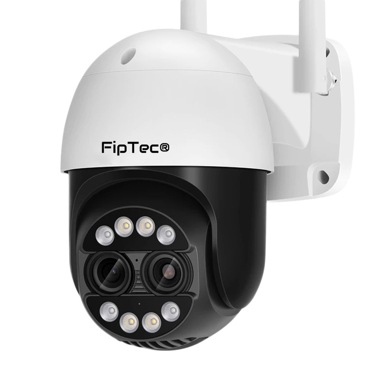 Intelligens kültéri kamera FipTec LO34, WiFi, 2K QHD, 8x zoom, 360°-os elforgatás, vízálló, színes éjszakai látás akár 25 méterig, mozgásérzékelő és telefonértesítések, automatikus tárgykövetés, vezérlés Androidra, iOS-re és PC-re