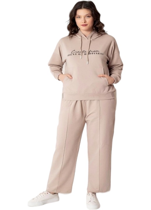 Compleu dama stil sport, bluza cu gluga si pantaloni drepti, Crem