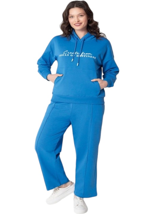 Compleu dama stil sport, bluza cu gluga si pantaloni drepti, Albastru