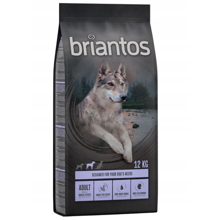 Briantos Adult, kutyatáp, gabonamentes kacsa burgonyával, 12 kg, 1 Rocco konzervvel