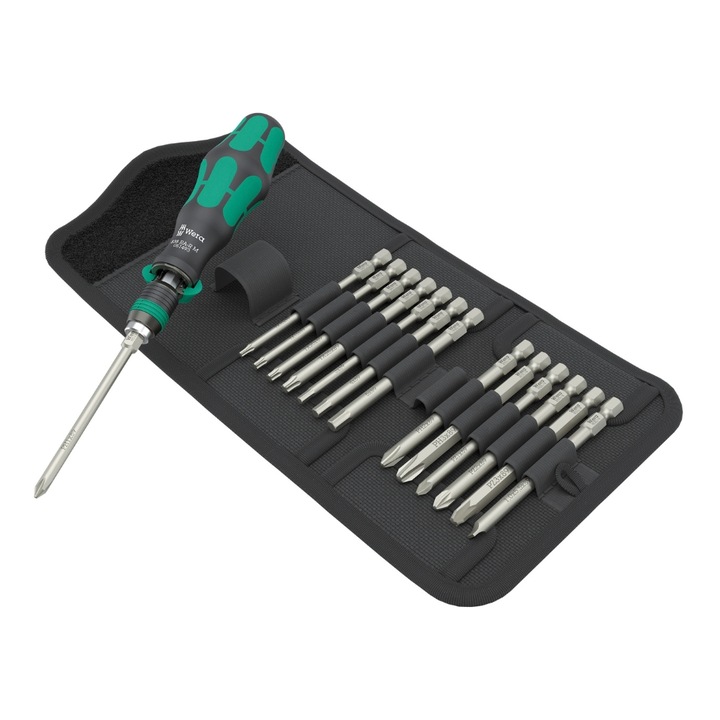 Set surubelnita clichet cu biti lungi, Wera Kraftform Kompakt 838 RA R M set 1, cu 15 piese si husa textila