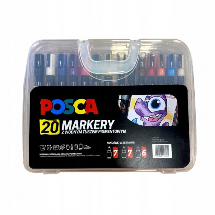 Комплект маркери UNI Posca, 20 цвята, точни върхове, многоцветен, 34x48x255 мм
