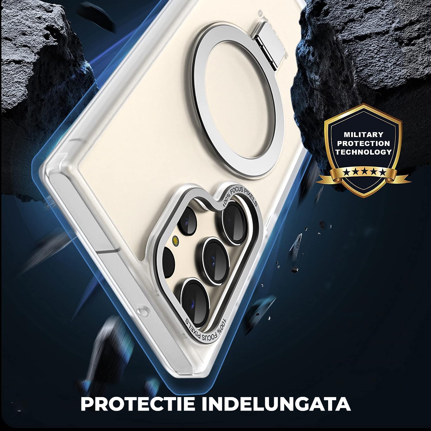 Husa pentru Samsung S24 Ultra Premium Magsafe Ring, Inel de Prindere, Incarcare Wireless, Protectie Camera, Antisoc, Fumuriu cu margini Transparente