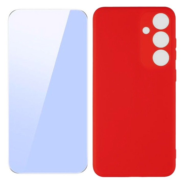 2.5 D biztonságos üvegfólia készlet, kristálytiszta, tokbarát és szilikon burkolat mikroszálas Samsung Galaxy S24 készülékhez, OPTIM SOLUTION, kameravédelem, PerfectFit, piros