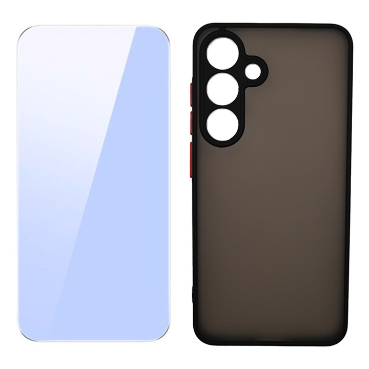 2.5 D biztonságos üvegfólia készlet, kristálytiszta, tokbarát és védőburkolat, amely kompatibilis a Samsung Galaxy S24 készülékkel, OPTIM SOLUTION, szilikon TPU, rendkívül biztonságos kameravédelem, divatos füstölt kivitel, fekete