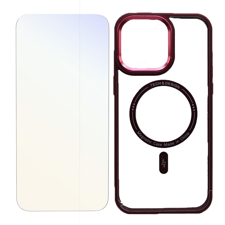 Комплект 2.5 D стъклен протектор Crystal Clean, Case-Friendly и магнитен силиконов калъф Optim Solution, За Apple Iphone 15 Pro Max, One-sec Fit, Atmospheric High-end, Dual High Quality Material, Mil-Grade Shockproof, Futuristic Design, Бордо