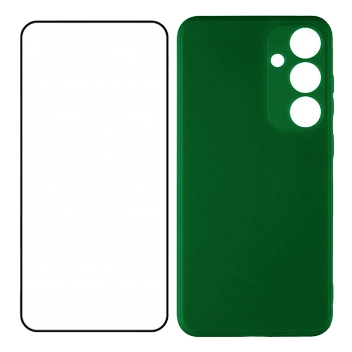 5D Secure Glass fólia készlet, Crystal Clean, teljes képernyős burkolat és szilikon tok mikroszálas Samsung Galaxy S24 készülékhez, OPTIM MEGOLDÁS, Kameravédelem, PerfectFit, zöld