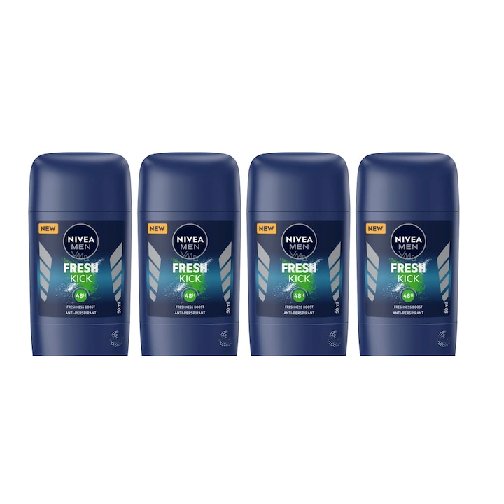 Set 4 x Deodorant Stick Nivea Men 50ml, Fresh Kick, Anti-urme albe, revirgorant, prospetime de durata, protectie 48h