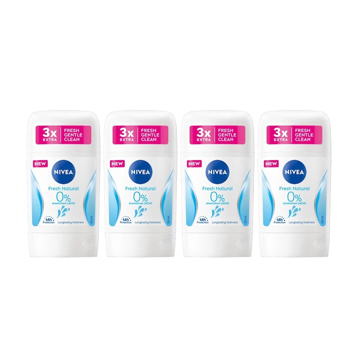 Set 4 x Deodorant Stick Nivea Woman 50ml, Fresh Natural, Anti-urme albe, revirgorant, prospetime de durata, protectie 48h