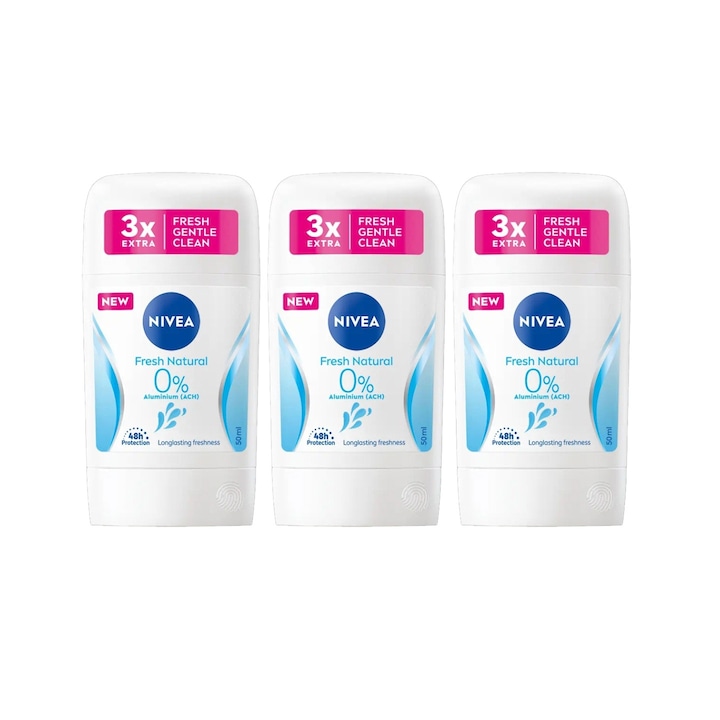 Set 3 x Deodorant Stick Nivea Woman 50ml, Fresh Natural, Anti-urme albe, revirgorant, prospetime de durata, protectie 48h