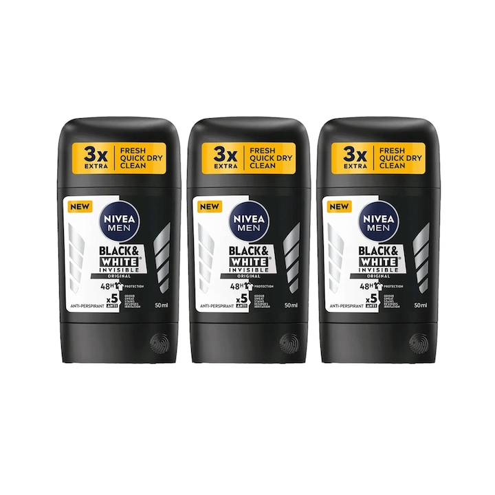 Set 3 x Deodorant Stick Nivea Men 50ml, Black&White Invisible Original, Anti-urme albe, revirgorant, prospetime de durata, protectie 48h