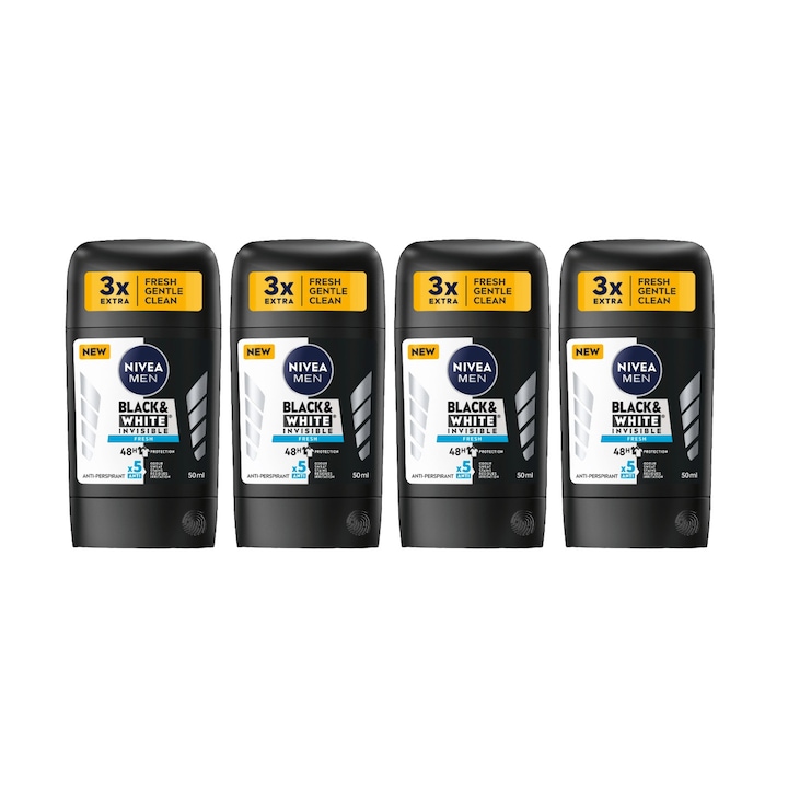 Set 4 x Deodorant Stick Nivea Men 50ml, Black&White Invisible Fresh, Anti-urme albe, revirgorant, prospetime de durata, protectie 48h