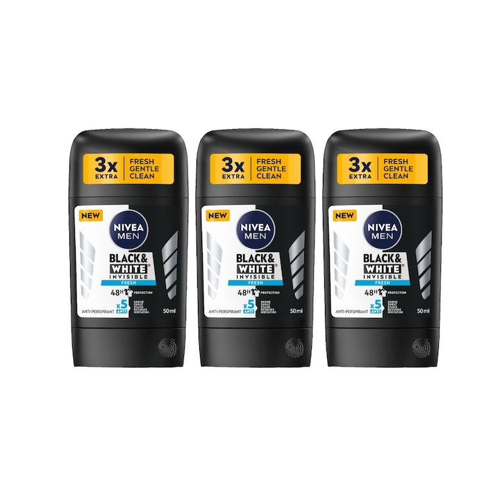 Set 3 x Deodorant Stick Nivea Men 50ml, Black&White Invisible Fresh, Anti-urme albe, revirgorant, prospetime de durata, protectie 48h