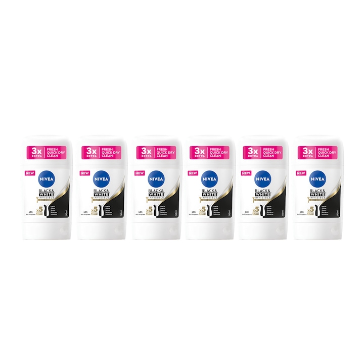 Set 6 x Deodorant Stick Nivea Woman 50ml, Black&White Invisible Silky Smooth, Anti-urme albe, revirgorant, prospetime de durata, protectie 48h