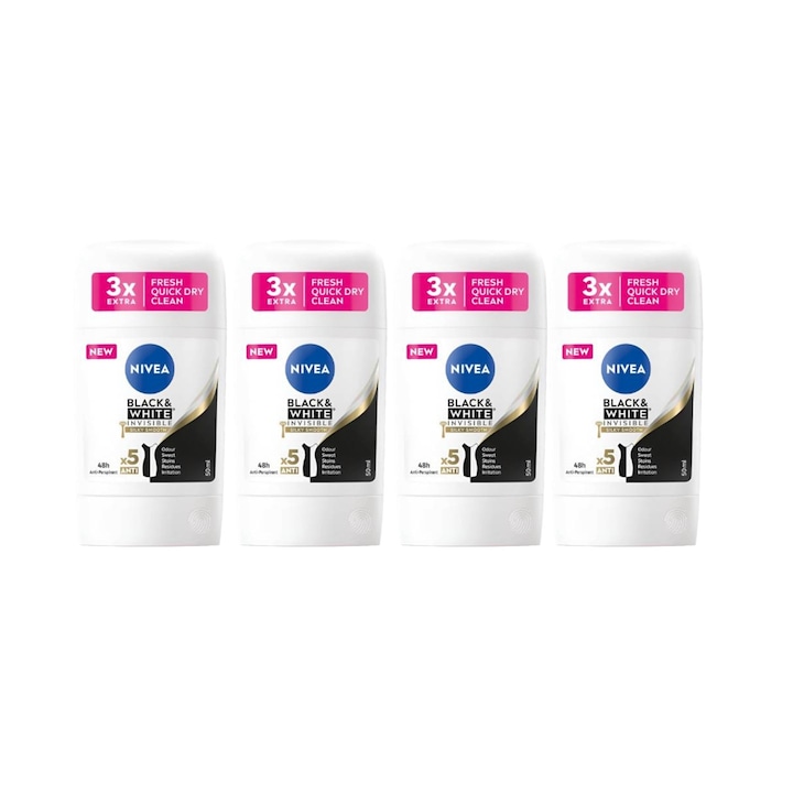 Set 4 x Deodorant Stick Nivea Woman 50ml, Black&White Invisible Silky Smooth, Anti-urme albe, revirgorant, prospetime de durata, protectie 48h