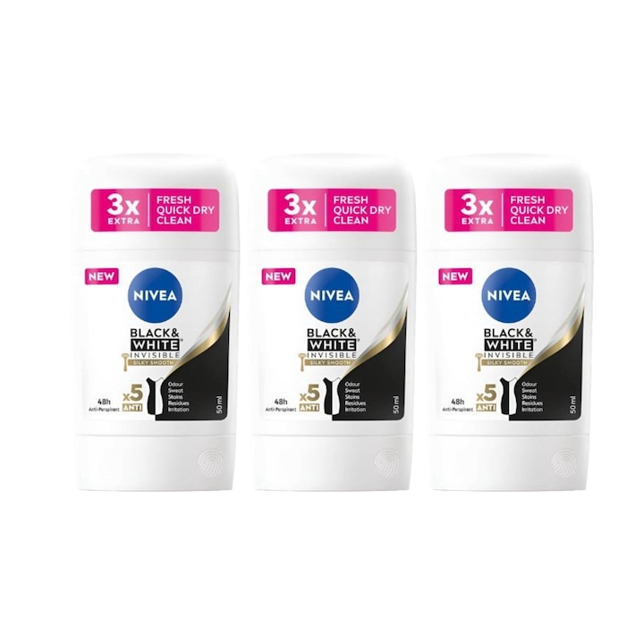 Set 3 x Deodorant Stick Nivea Woman 50ml, Black&White Invisible Silky Smooth, Anti-urme albe, revirgorant, prospetime de durata, protectie 48h