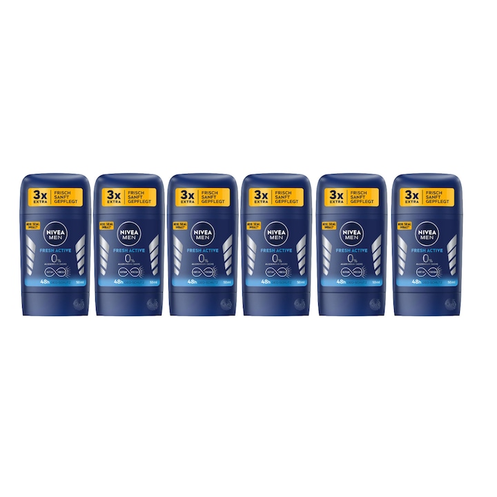 Set 6 x Deodorant Stick Nivea Men 50ml, Fresh Active, Anti-urme albe, revirgorant, prospetime de durata, protectie 48h