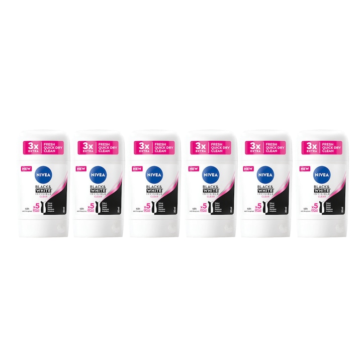 Set 6 x Deodorant Stick Nivea Woman 50ml, Black&White Invisible Clear, Anti-urme albe, revirgorant, prospetime de durata, protectie 48h