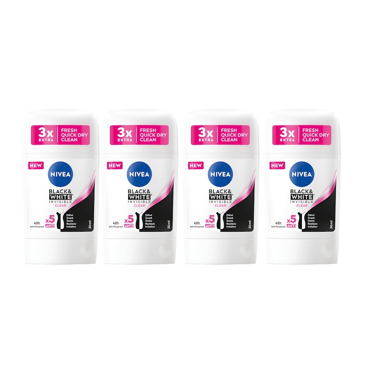Set 4 x Deodorant Stick Nivea Woman 50ml, Black&White Invisible Clear, Anti-urme albe, revirgorant, prospetime de durata, protectie 48h